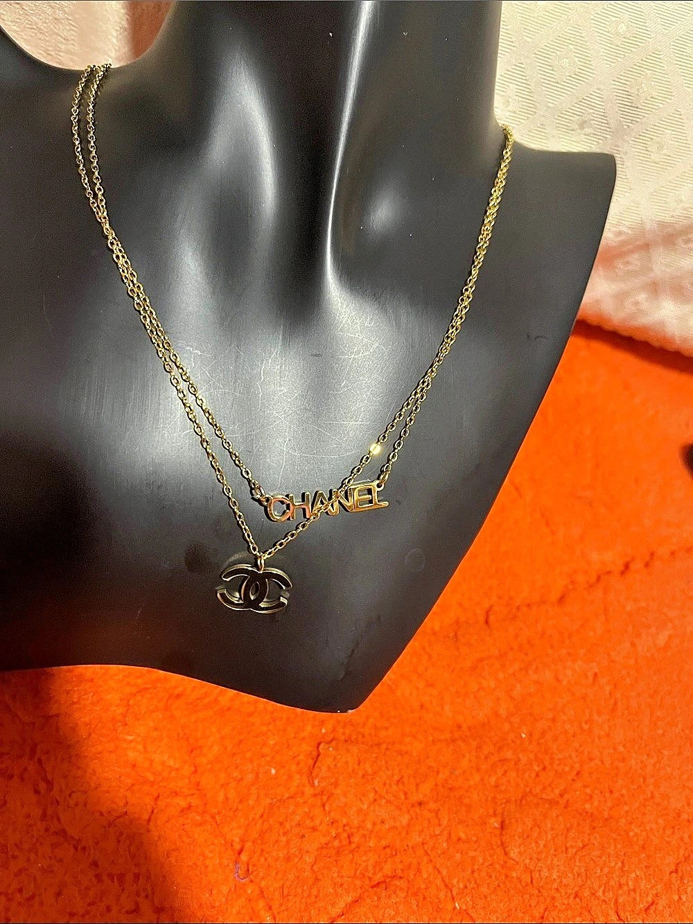 Double Chain Logo Pendant Necklace Gold Like New